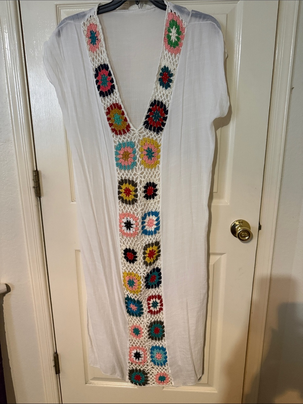 White Crochet Panel Swim Coverup with Multicolor Accents